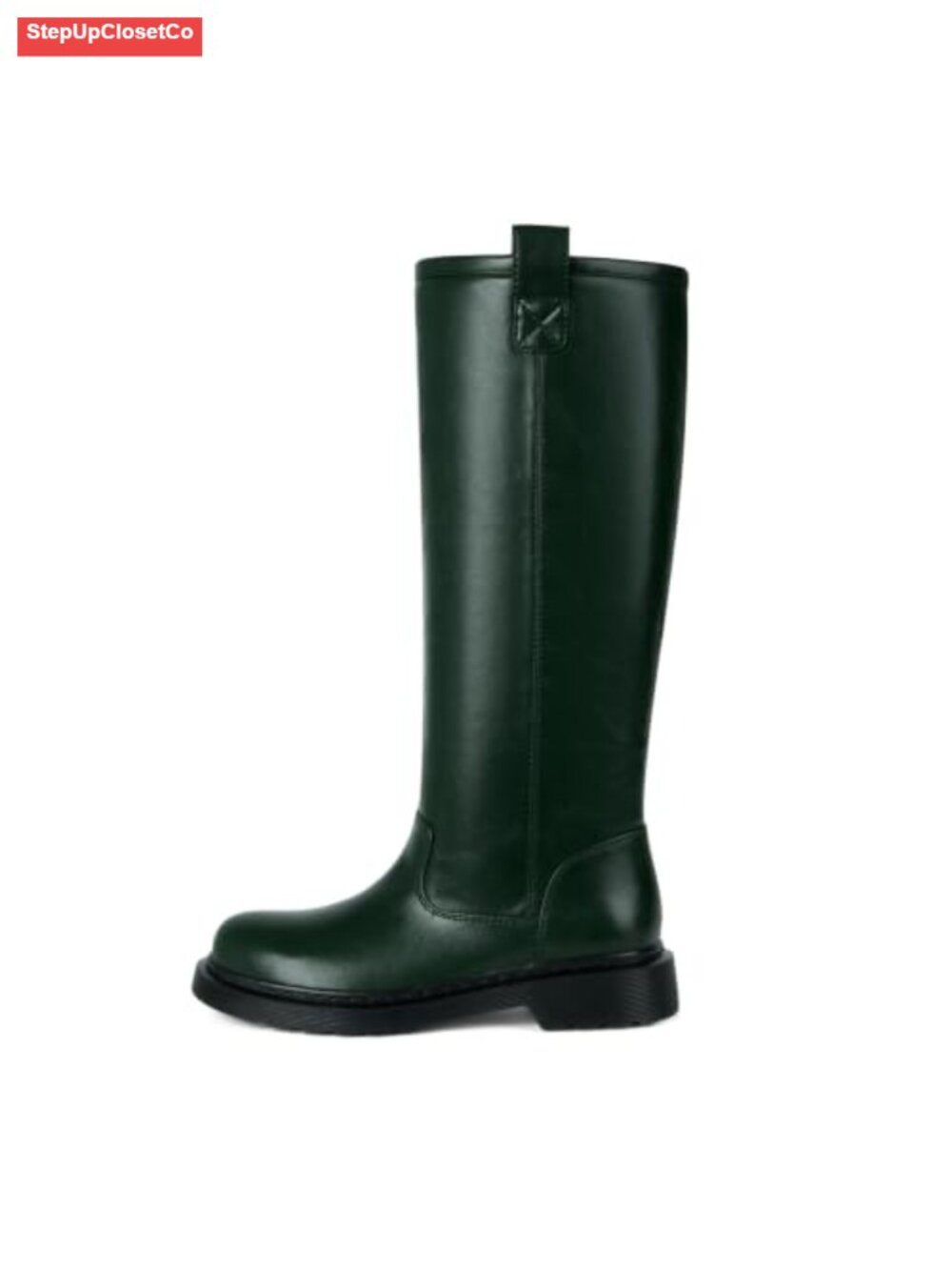 Vintage Square Toe Knee High Slip On Block Heel Boots Faux Leather Women's